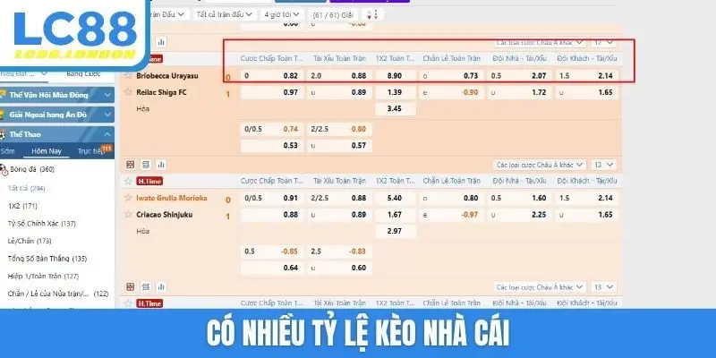 Có nhiều tỷ lệ kèo nhà cái